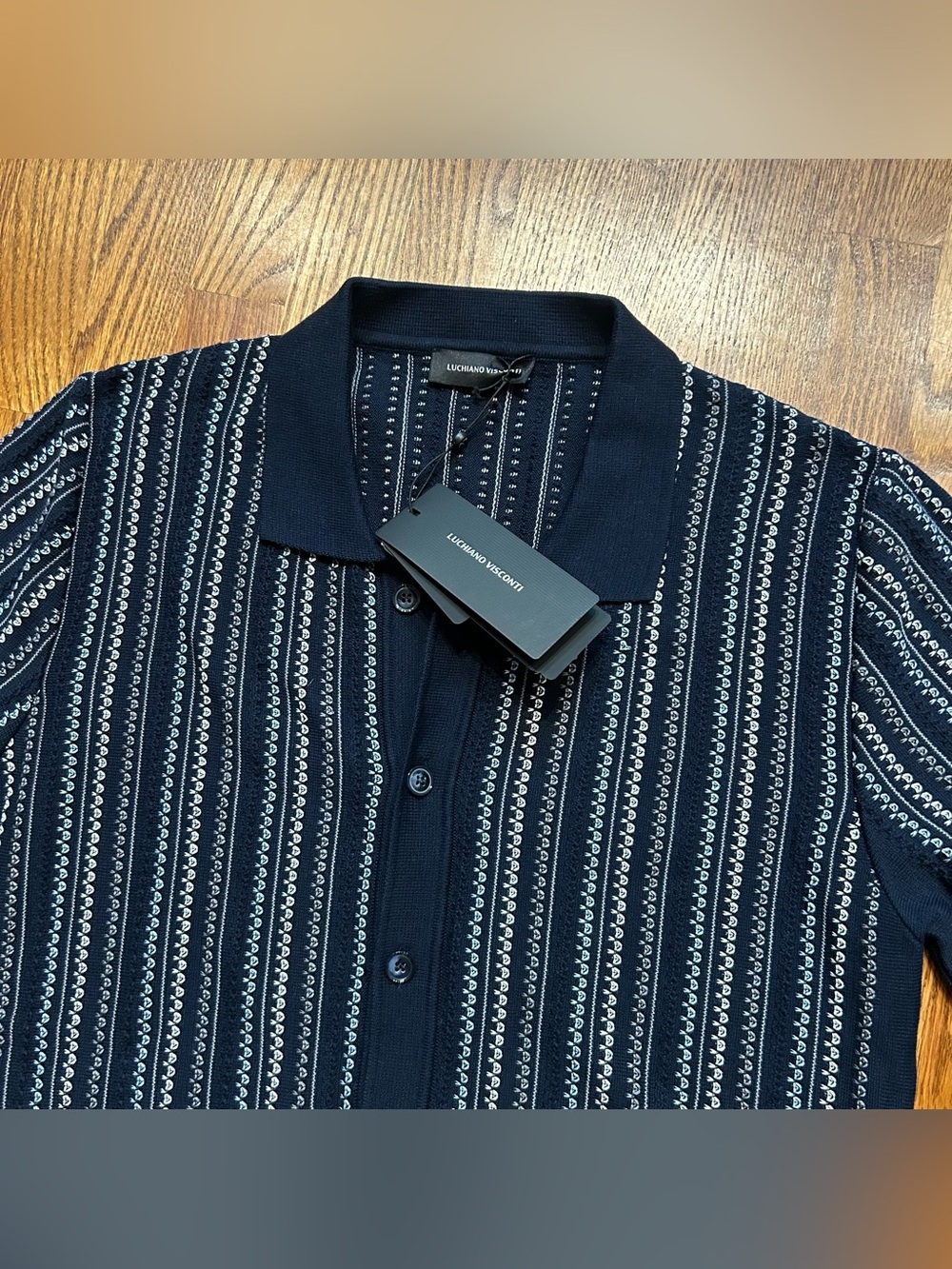 Luchiano Visconti Men’s Giuseppe Knit Full Button Shirt Size Large Navy SS NWT
